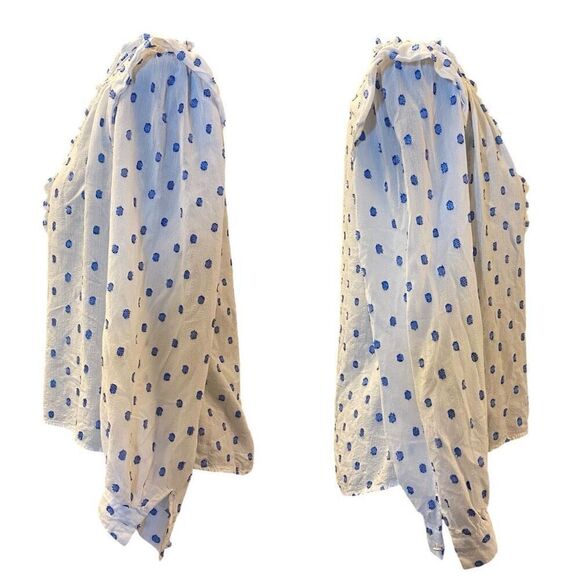 Zara White and Blue Metallic Polkadot Long Sleeve Button Down Top Sz M - Picture 3 of 13